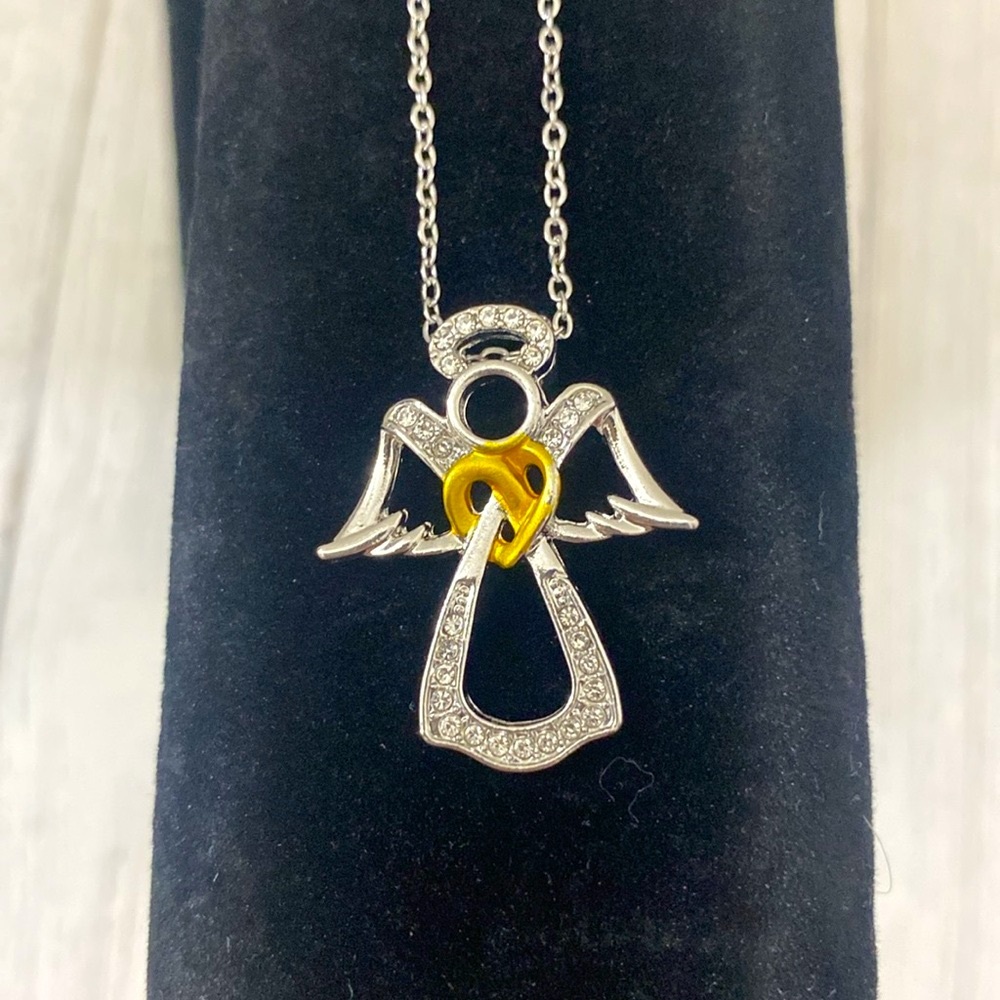 Silver & Gold Plated Angel Necklace Adorned with Small Clear Rhinestones